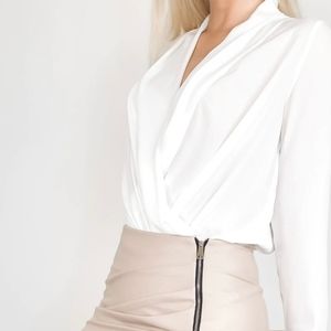 Caribbean Queen Draped V-Neck White Blouse